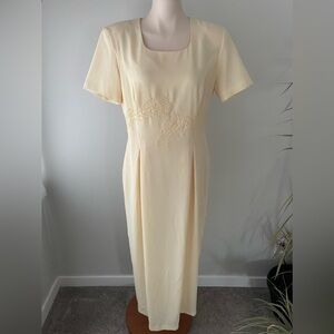 Vintage Ultra Dress Maxi Full Length Butter Yellow Embroidered Short Sleeve 12